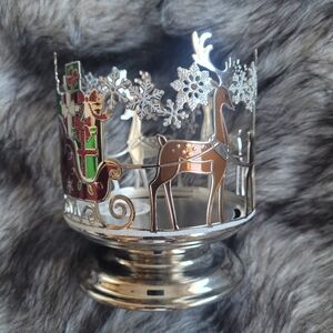 B&BW Christmas 3 wick pedestal candle holder Sleigh & Reindeer silver metal New